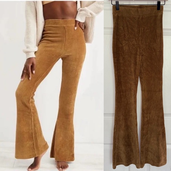 aerie Pants - Aerie Groove-On Rib Velour Flare Pant XS Brown High Waisted Ribbed Leggings